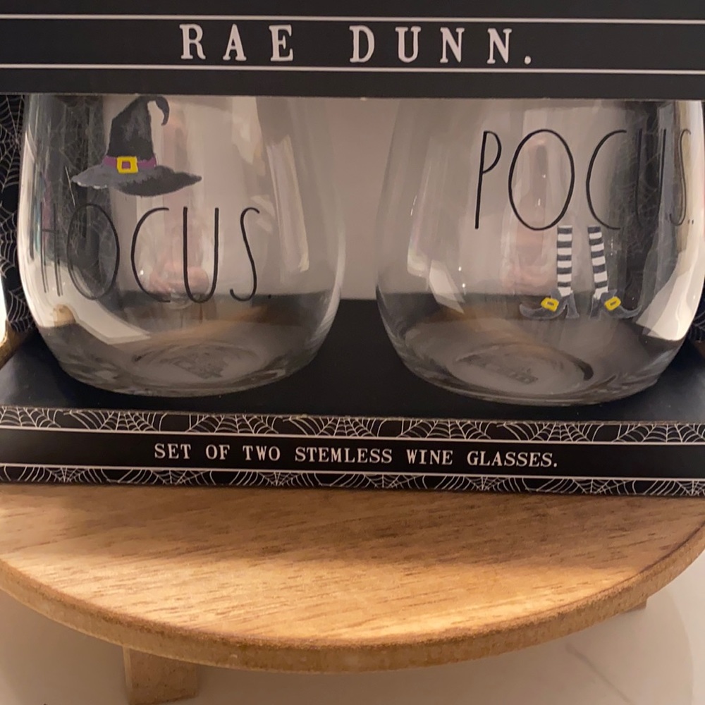 Rae Dunn Hocus Pocus stemless wine glasses